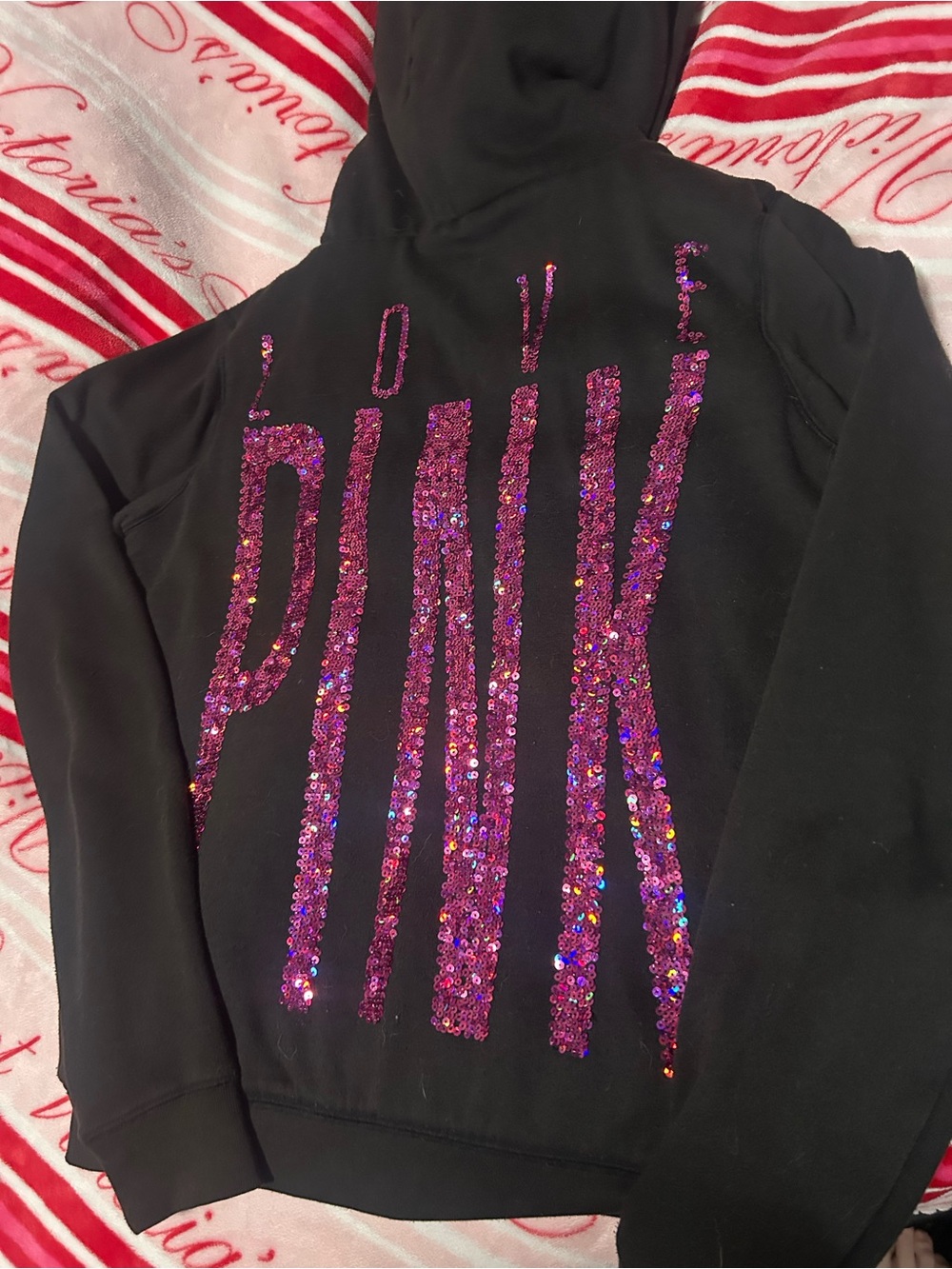 LOVE PINK Girls' Sequin Logo Hoodie - Black with Pink Sequins